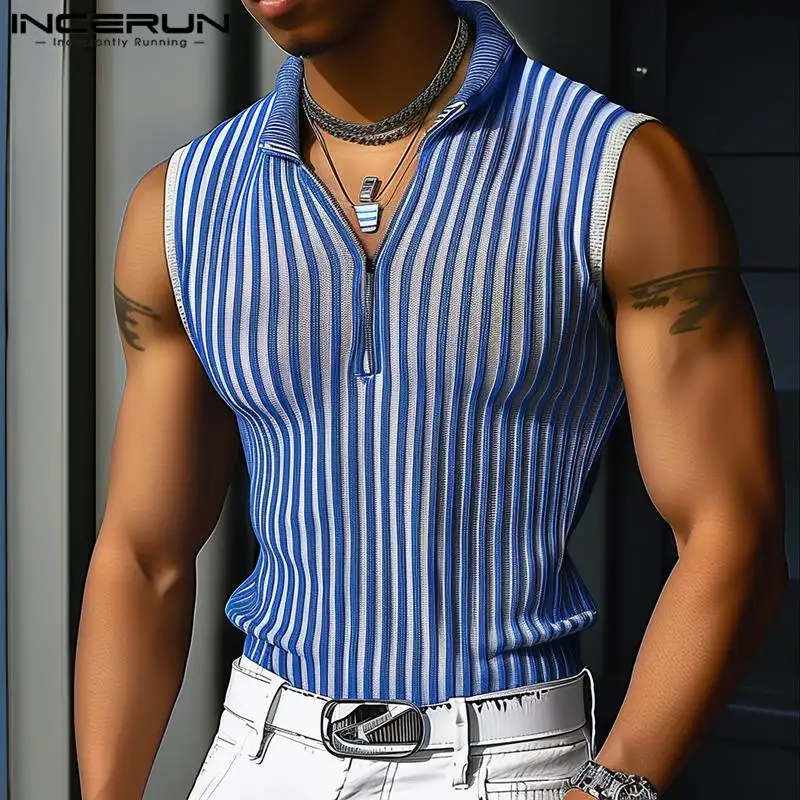 

INCERUN Fashion Men Tops Tee Sleeveless Summer Stripe Tank Tops Lapel Streetwear Party Casual Top Oversize Men Clothing