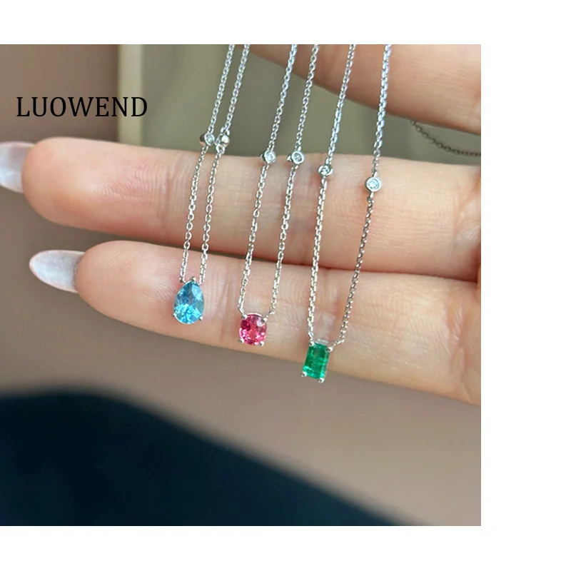 

LUOWEND 100% 18K White Gold Necklace Fashion INS Style Shiny Diamond Natural Emerald/Red Spinel /Aquamarine Necklace for Women