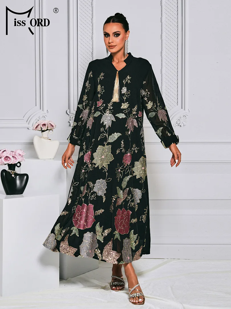 

Missord 2026 Summer New V Neck Long Sleeved Loose Elegant Beautiful Women's Comfortable Casual Chic Black Dress