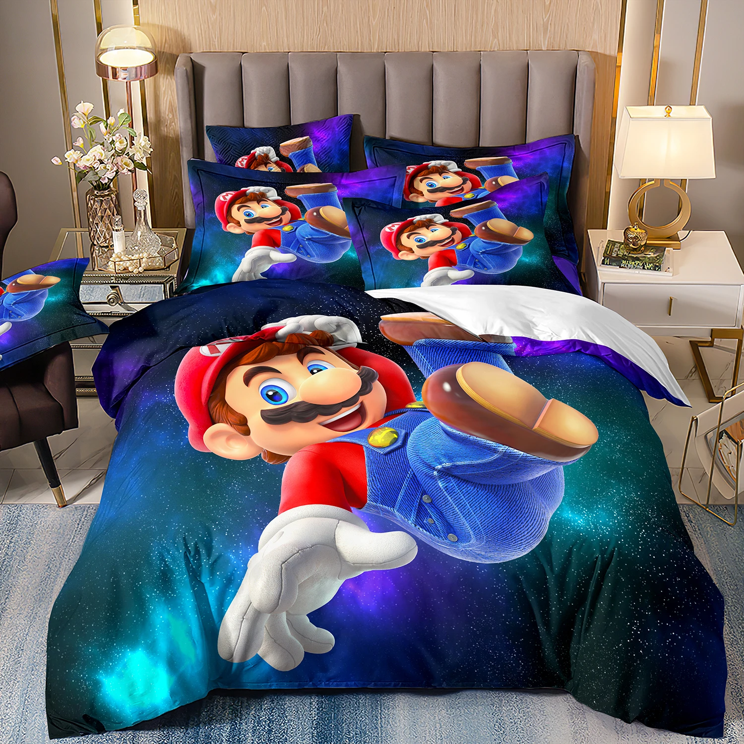 Retro 23 Style Mario Cartoon Comforter Duvet Cover Bed Set,New Year Gift Super Mario Bros Bedding Sets,Quilt Cover Pillowcase