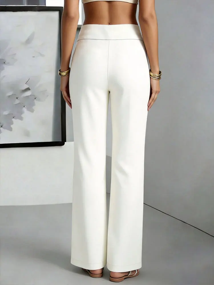 Womens Elegant High Waist Straight Pants Simple Office Formal Wear White Soft Elastic Quick Dry Wide Leg Trouser Commute Outfits - view 3