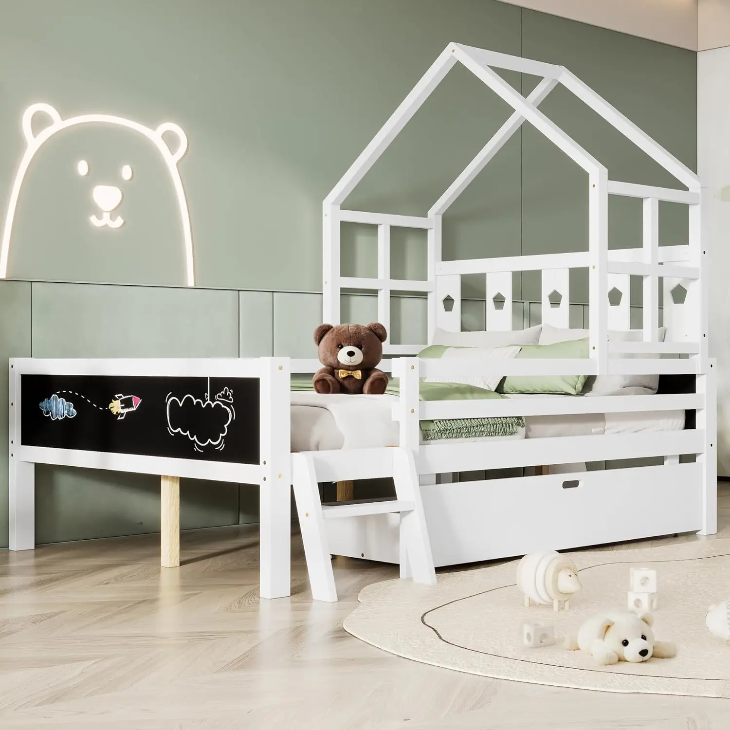 

Full Size House Bed for Kids, Ladder, Storage Drawers, Solid Wood, 2 Blackboard Design, No Box Spring, Twin Bed White