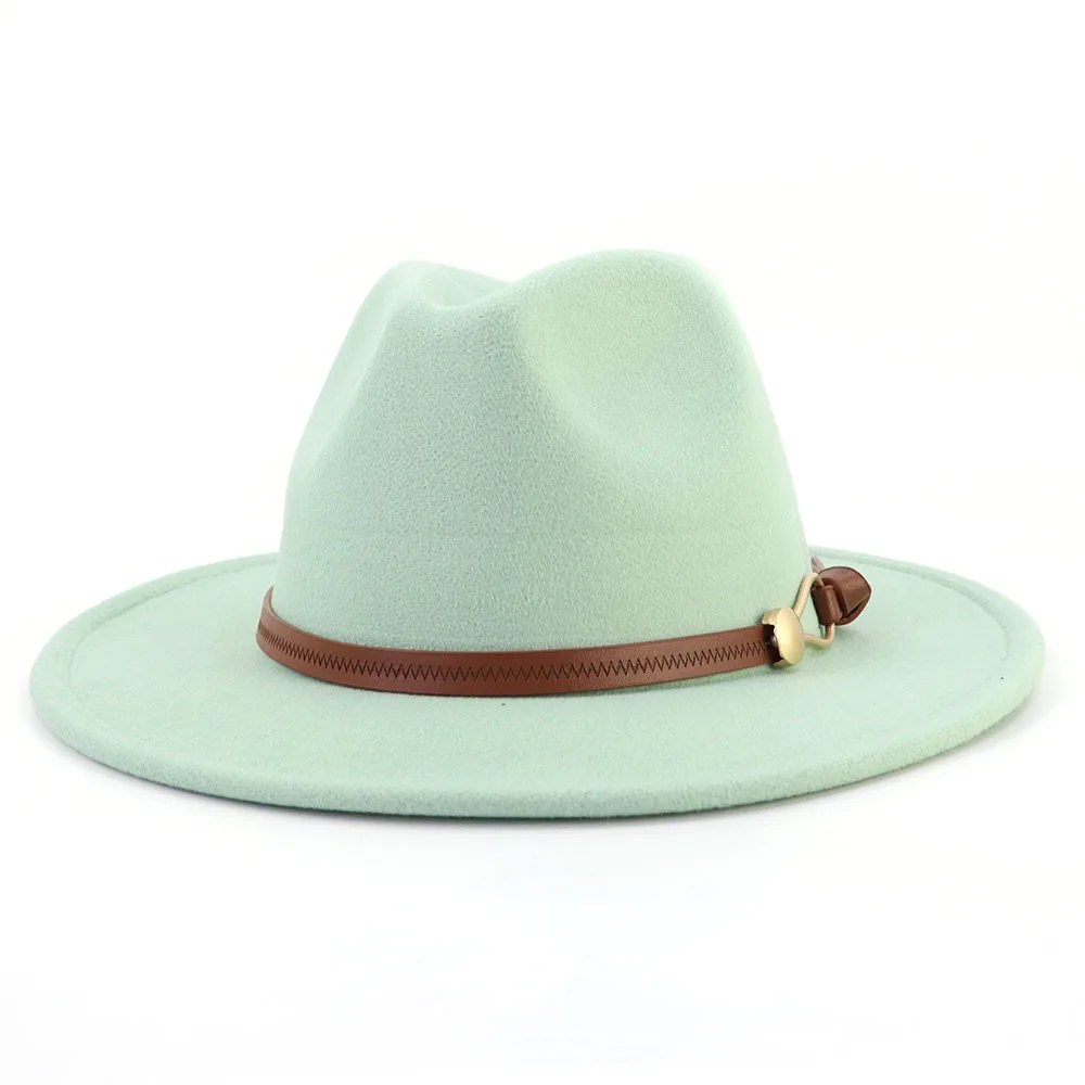 New Brown Belt Buckle Jazz Fedora Hat Autumn Winter Women Men Party Church Top Hat Wide Brim Sun Hat Felt Panama Cap