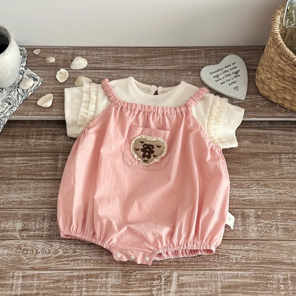 2026 New Baby Clothes Little Bear Patch Camisole Romper for Girls with Matched Apricot Lace Short-sleeve Base Shirt