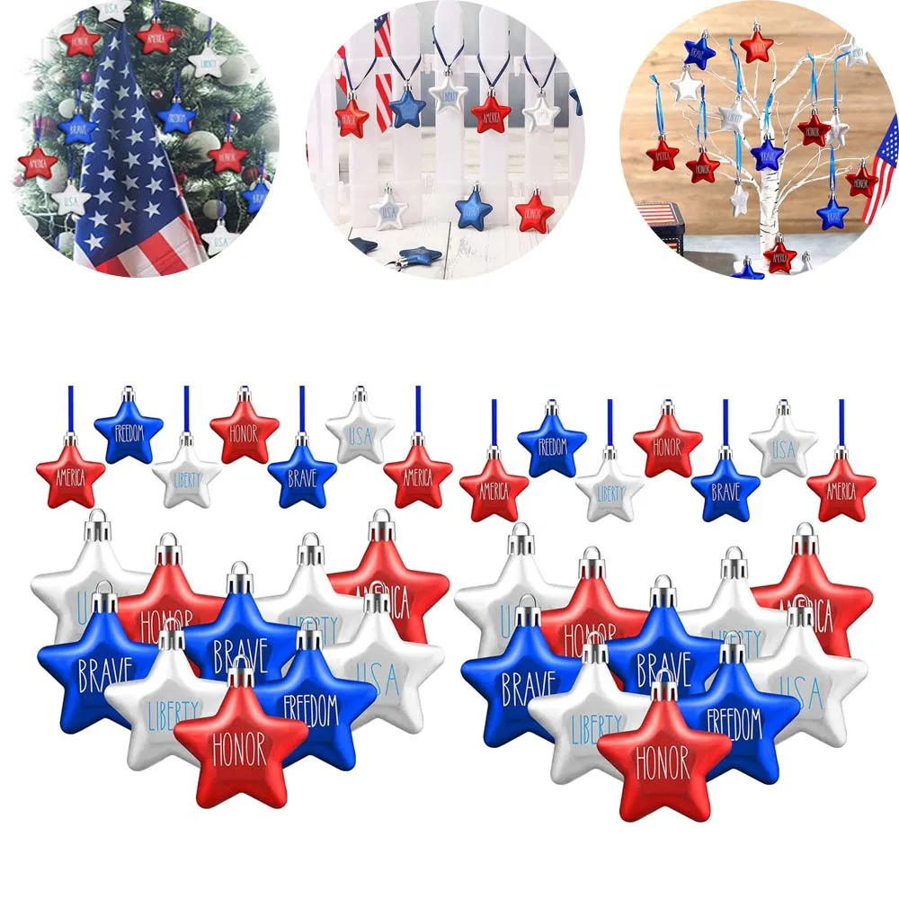 6Pcs Small Patriotic Stars US Independence Day Hanging Ornaments Labor Day Printed Decorations for Indoor Outdoor Party Supplies