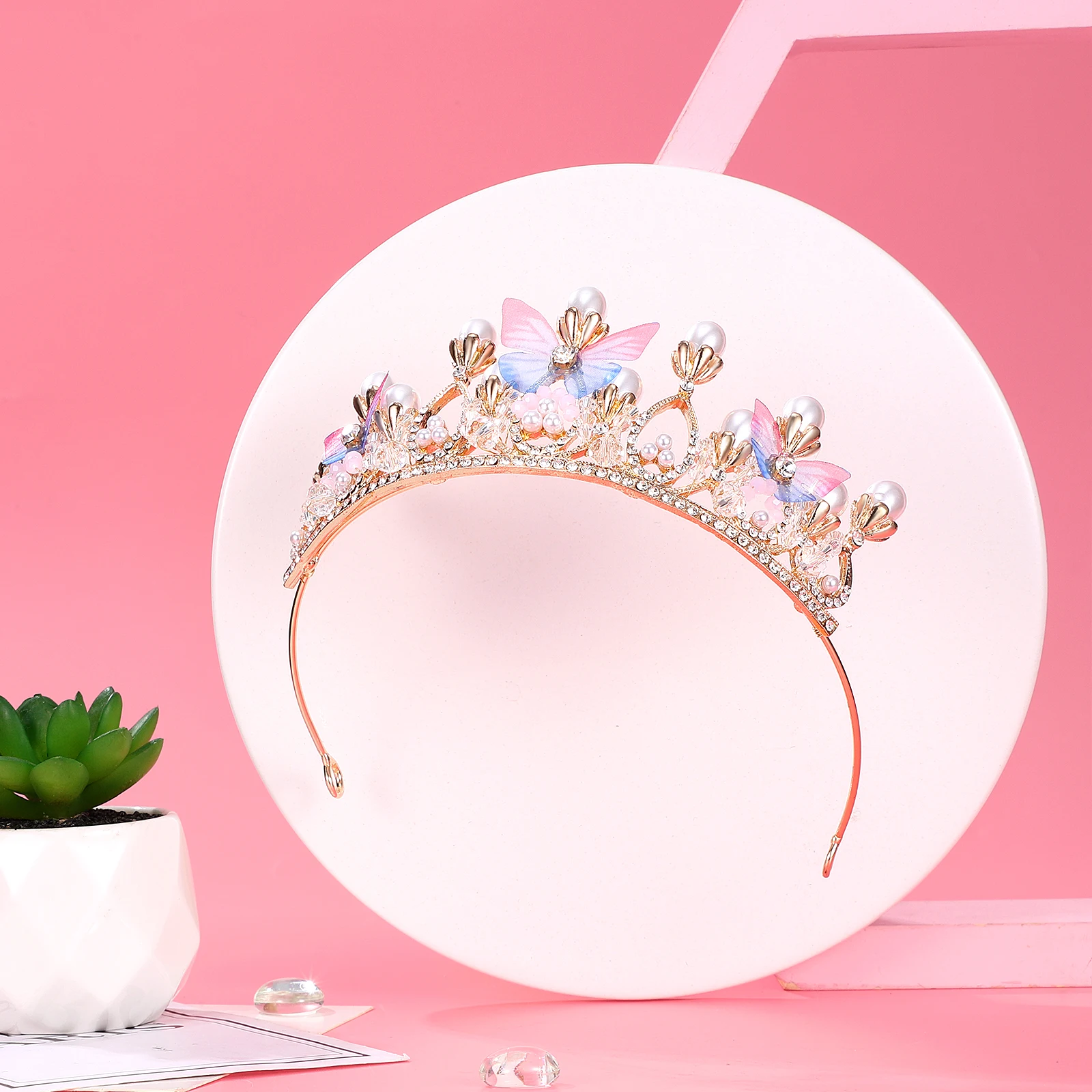 

Butterfly Crown Headband Hairpieces for Children Pink Crystal Rhinestones Kids Comfortable Durable Girls Accessories Birthday