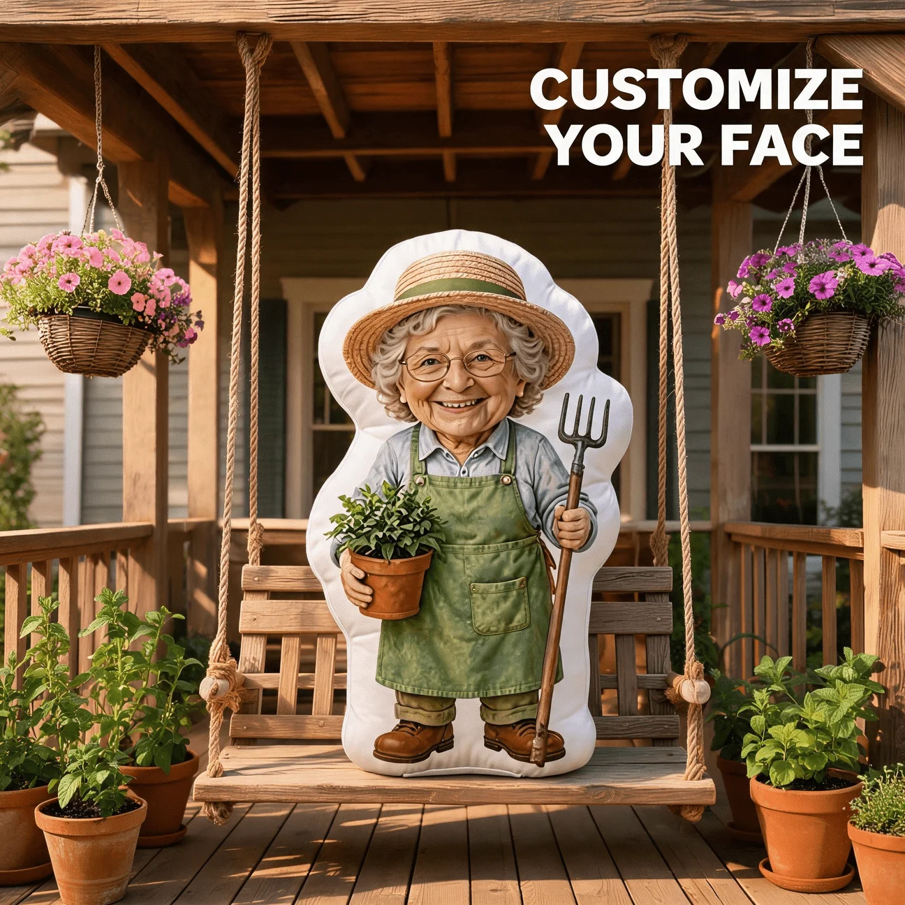 Custom Photo Gardener Shaped Pillow, Personalized Grandma Portrait Decorative Cushion, Green Apron And Straw Hat Design Home Dec
