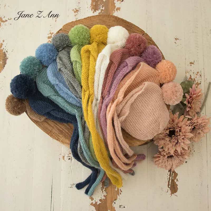 Hand knitted woven blanke 50x50cm +wool ball hat solid multi-colors newborn photography supplies props