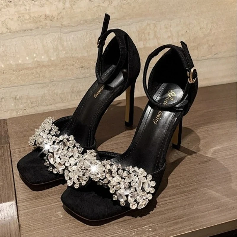 

Rhinestone Bowknot Designer Suede High Heels Women Elegant Party Dress Shoes Open Toe Ankle Strap Brand Pumps Sandals Female