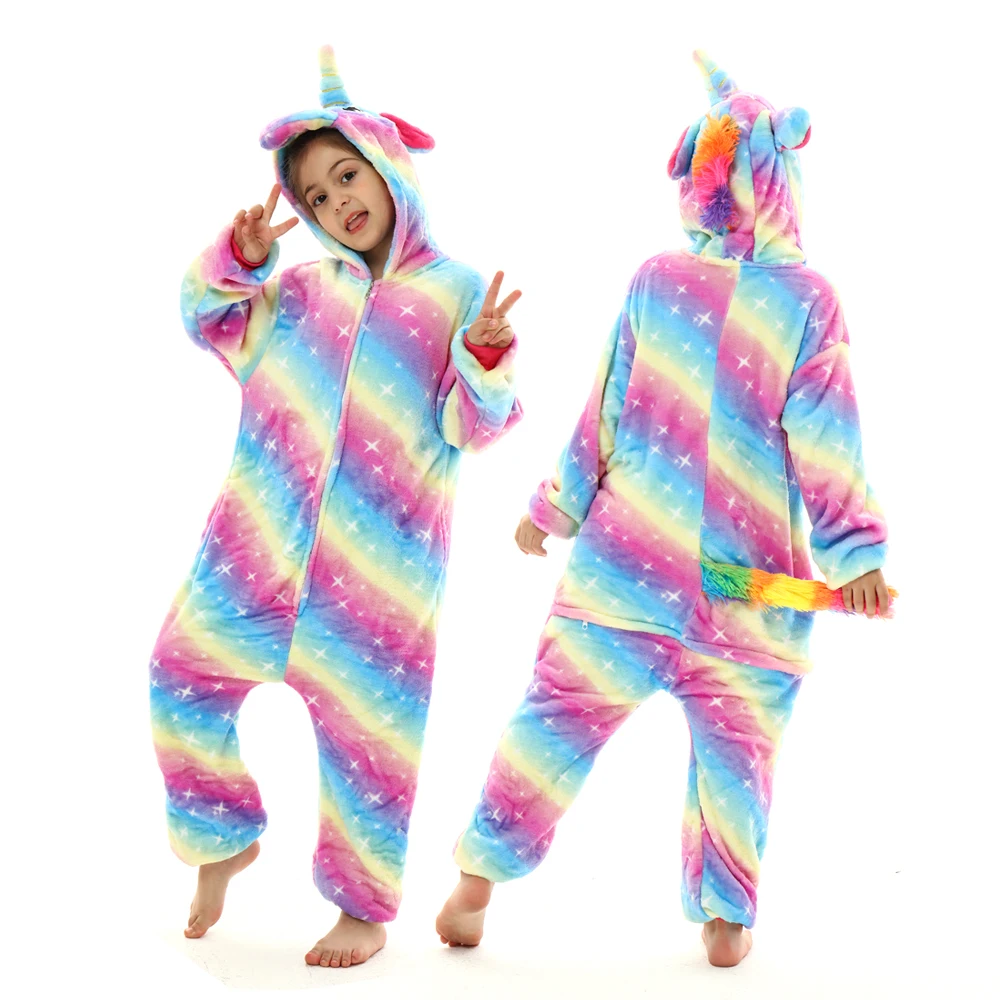 Kids Kigurumi Unicorn Tiger Lion Dog Kigurumi Pajama Winter Flanner Onesie Animal Pajamas Homewear Cosplay  Costume Jumpsuit