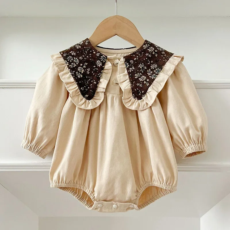 0-2Yrs Frühling Säuglings Body Neugeborene Mädchen Strampler Stickerei Revers Großen Kragen Strampler Baumwolle Lange Ärmeln Overall Baby Kleidung