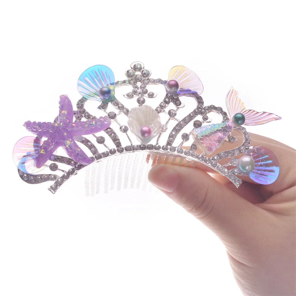 Girls Princess Mermaid Rhinestone Comb Crown Tuck Comb Snow Headwear Hair Fork Marine Style Hair Accessories For Girl
