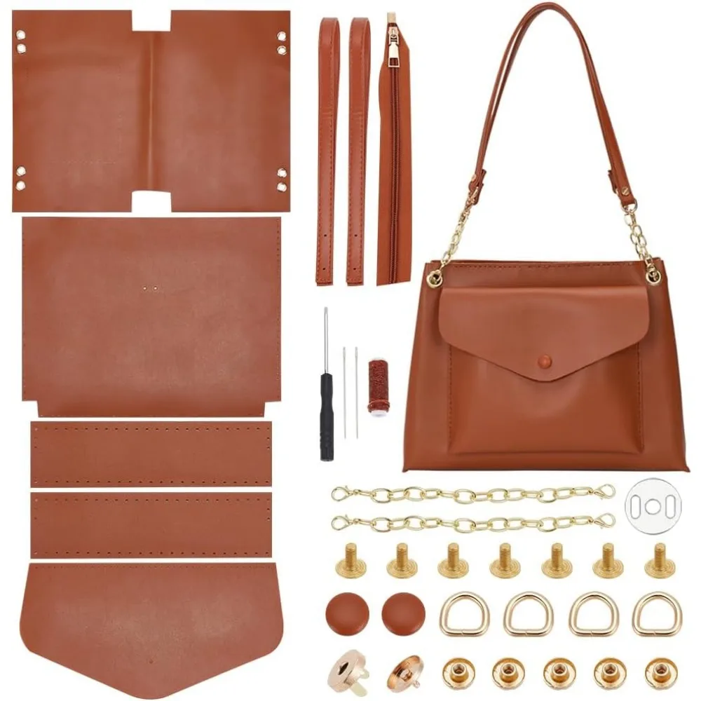 DIY PU Leather Bag Making Kit, Brown Large Tote Bag Making Kit DIY PU Leather Shoulder Bag DIY Sewing kit with Bag Sewing Kit