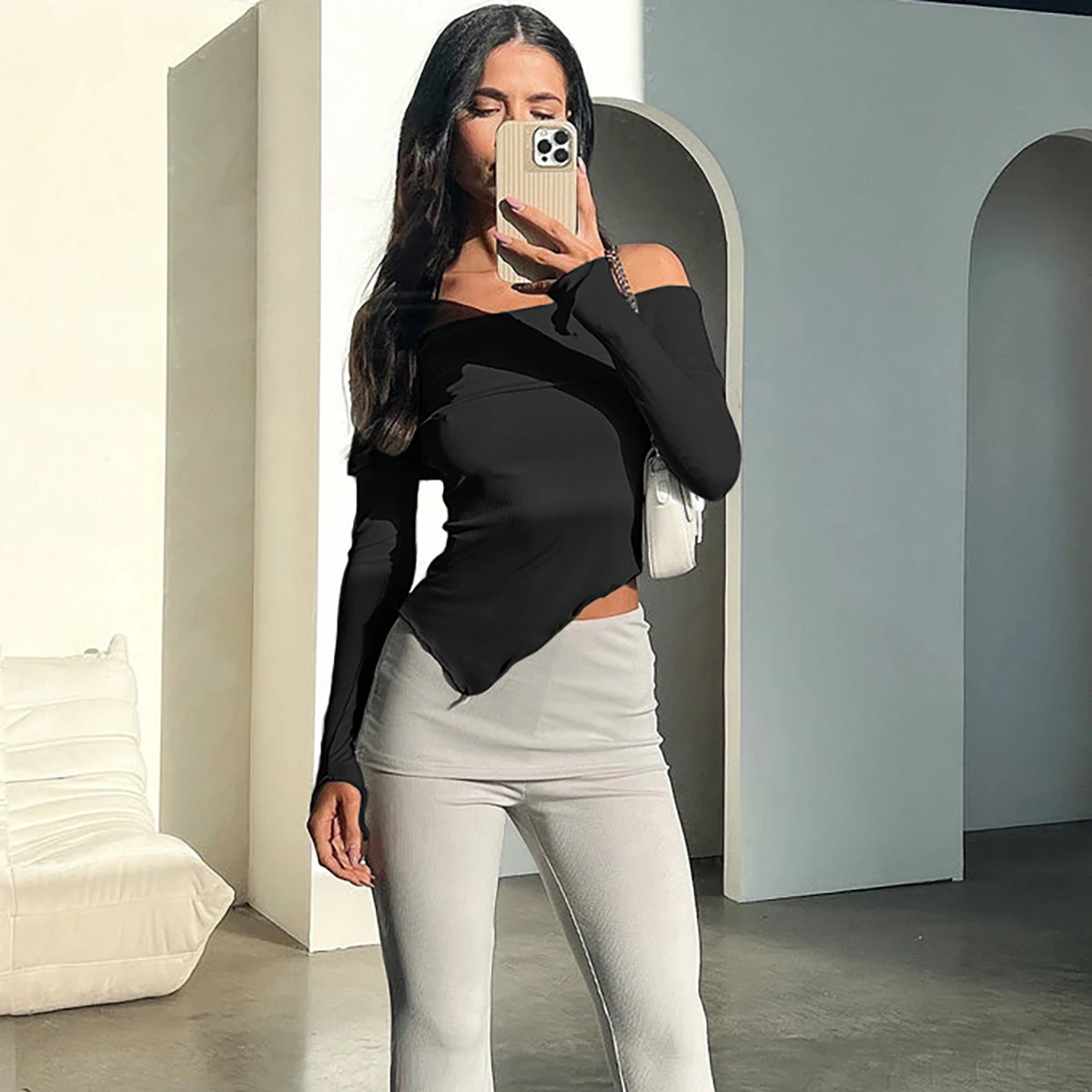 Women's Sexy Slimming Long Sleeved One Shoulder Foldable Tight Top New For Spring 2024 Nightclub Party