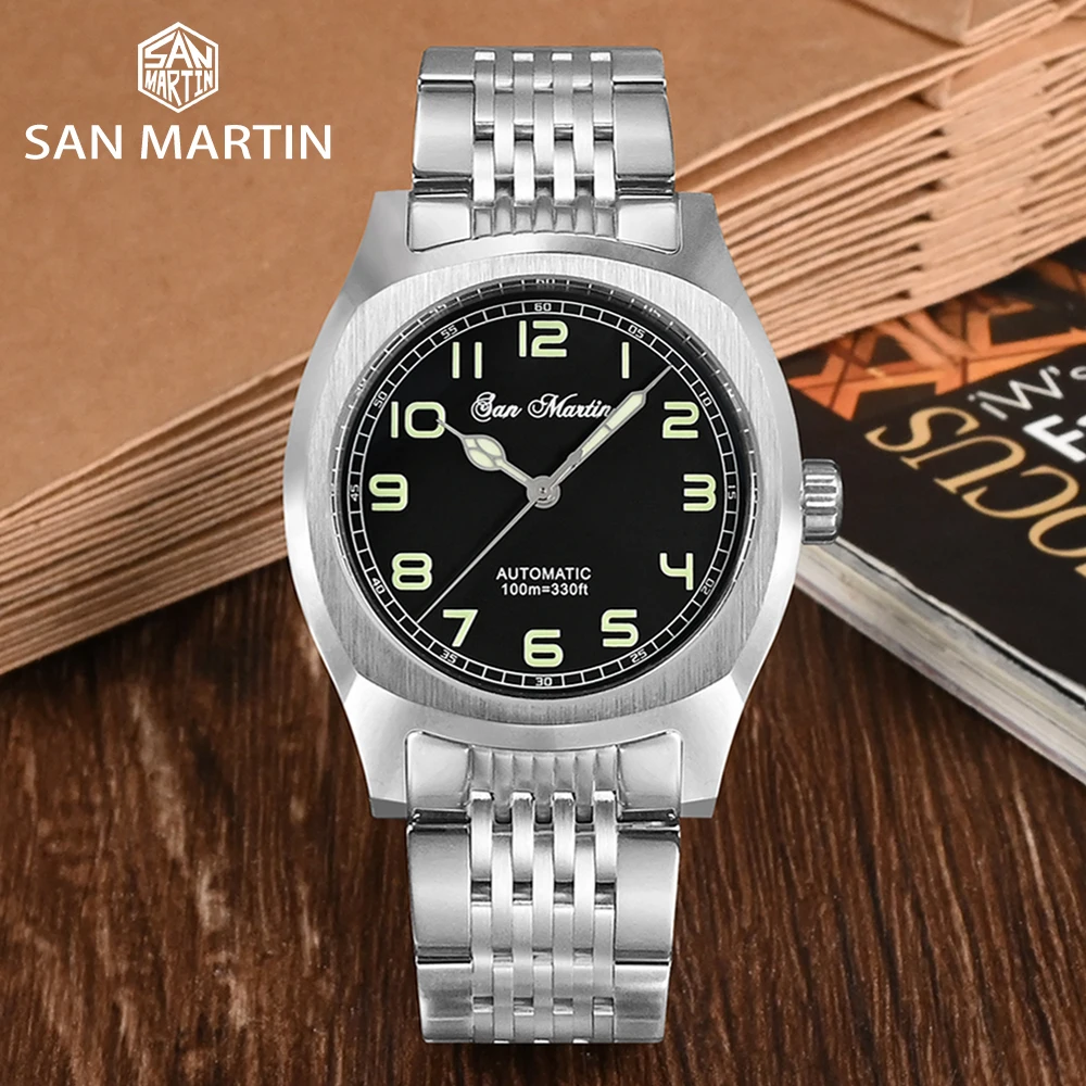 Imagem -02 - San Martin Homens Relógio de Luxo 38 mm Original Design Quadrado Vintage Esportes Simples Estilo Militar Relógios de Alta Qualidade Sapphire 10bar