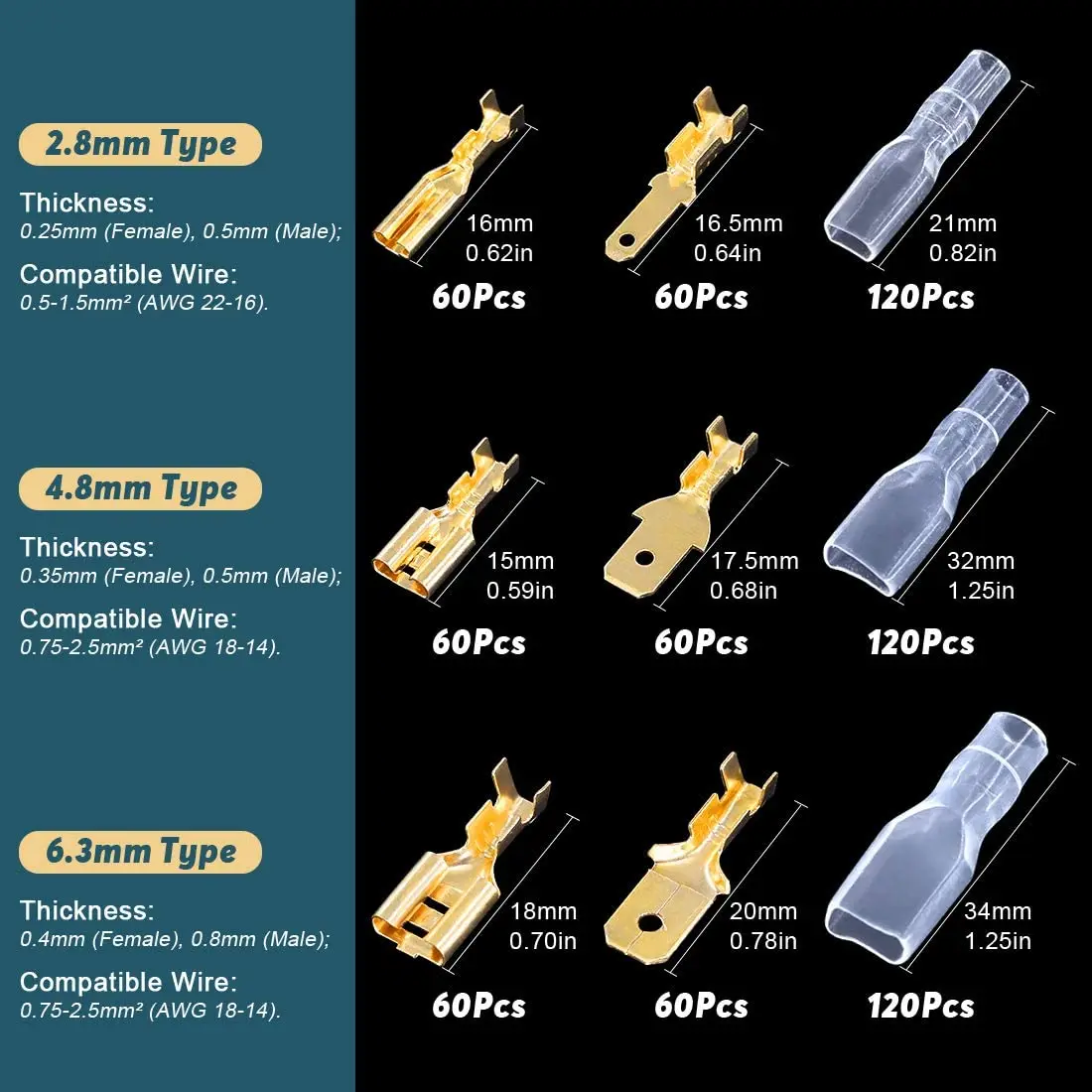 A11I 720 Pieces Of 2.8 / 4.8 / 6.3Mm Male And Female Quick Crimping Terminal Blocks With Insulating Sleeve Combination Kit