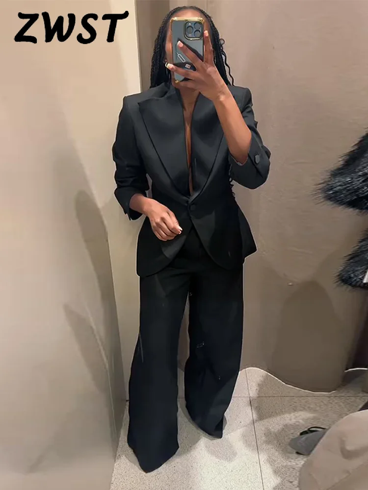 

Элегантный пиджак с лацканами, брюки, женский костюм, повседневное однотонное пальто на пуговицах с длинными рукавами, прямые брюки на молнии, 2026, весенний женский комплект