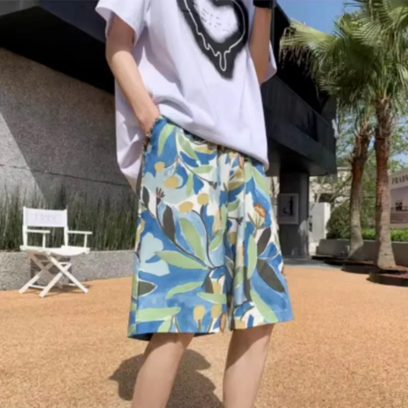 

Hawaii Flower Men's orts Qui Dry Beach Pants Ice Silk Five-Quarter Length Casual Summer Leisure Faionable plus Size