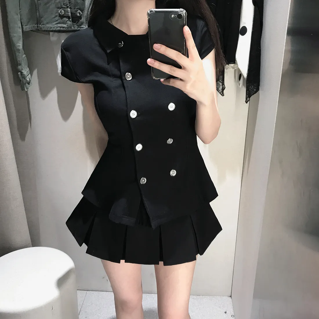New Arrival Retro Black Shirt Top Women's Short Skirt Two-Piece Set Small Size Fashionable Casual Wear All Seasons