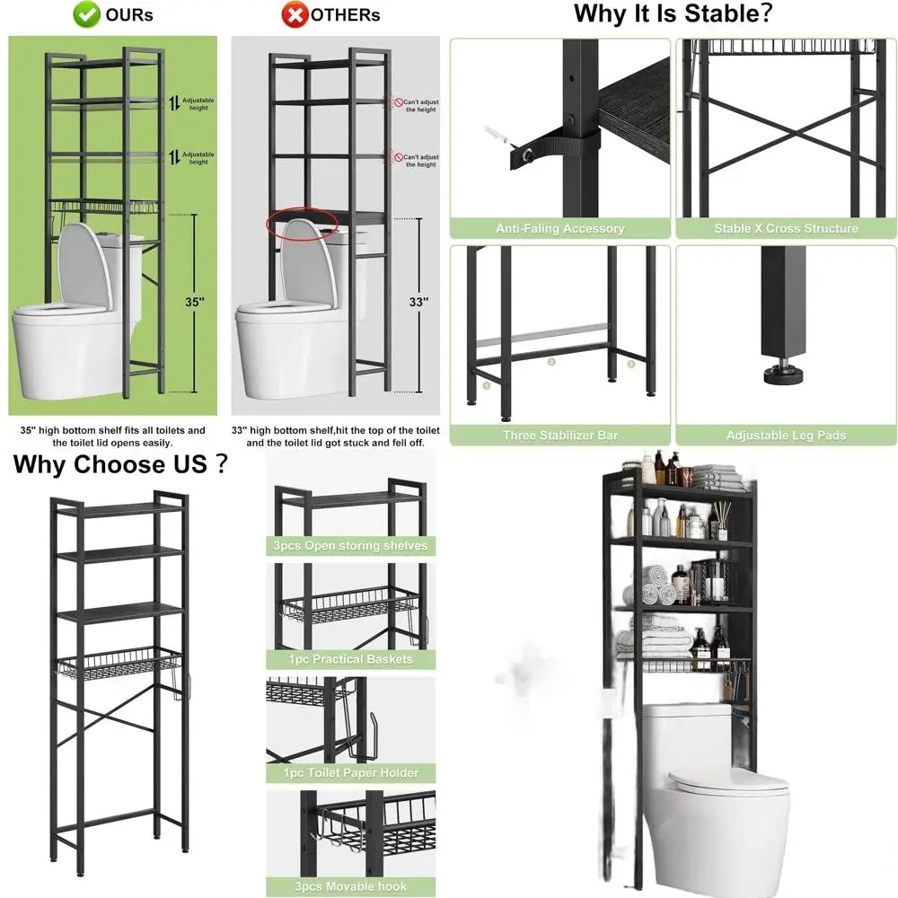 

4-Tier Over Toilet Storage Shelf, Adjustable and Basket Included, Space-Saving Bathroom Organizer in Pure Black