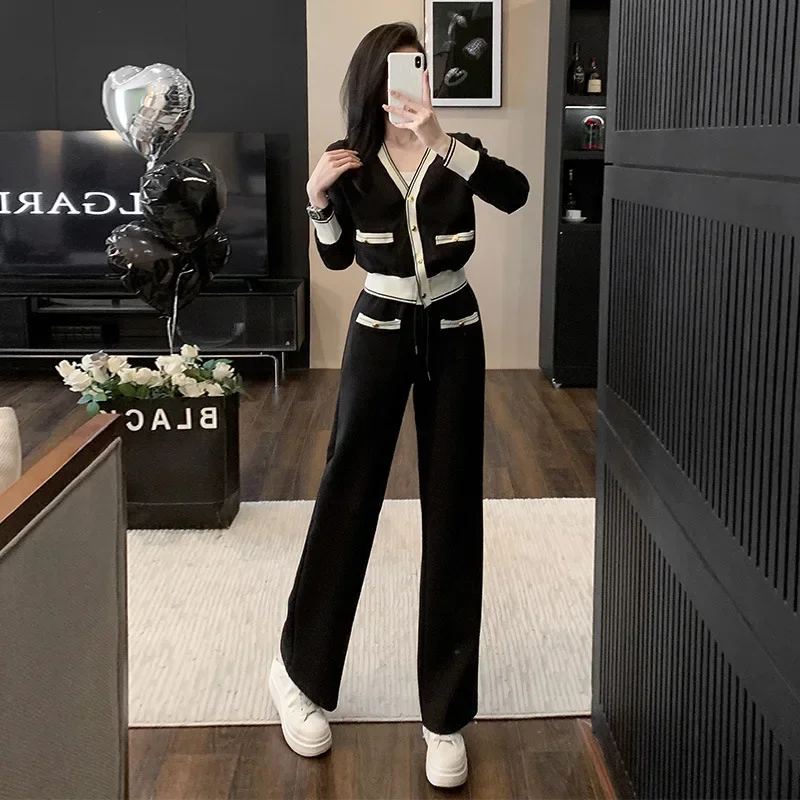 

Spring New Korean Women's Pants Set Knitted Cardigan Tops And Wide Leg Pants Two Piece Set Joggers Women Y2k Clothes 바지