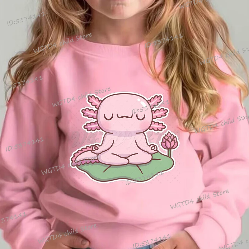 Children Long Sleeve Tops Cute Axolotl Meditation on Lotus Leaf Pullover Crewneck Casual Spring Cartoon Axolotl Pink Sweatshirt