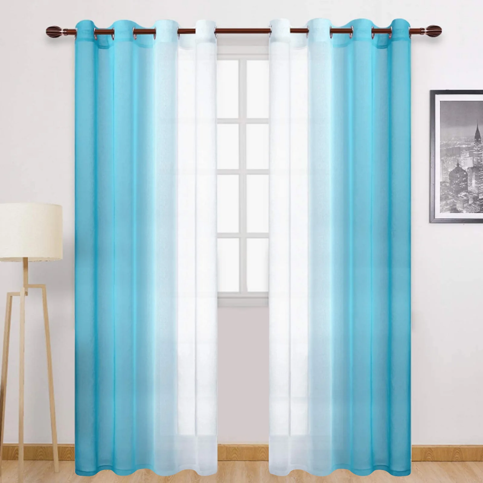 2 Pieces Fashion Gradient Window Tulle Sheer Curtain Voile Drape for Home Living Room Bedroom Party Decor 52x96in