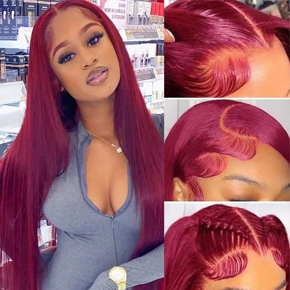 

99J Lace Front Wigs Human Hair Wine Red Colored Straight 13x4 HD Lace Frontal Wigs Pre Plucked with Baby Hair 180% Density