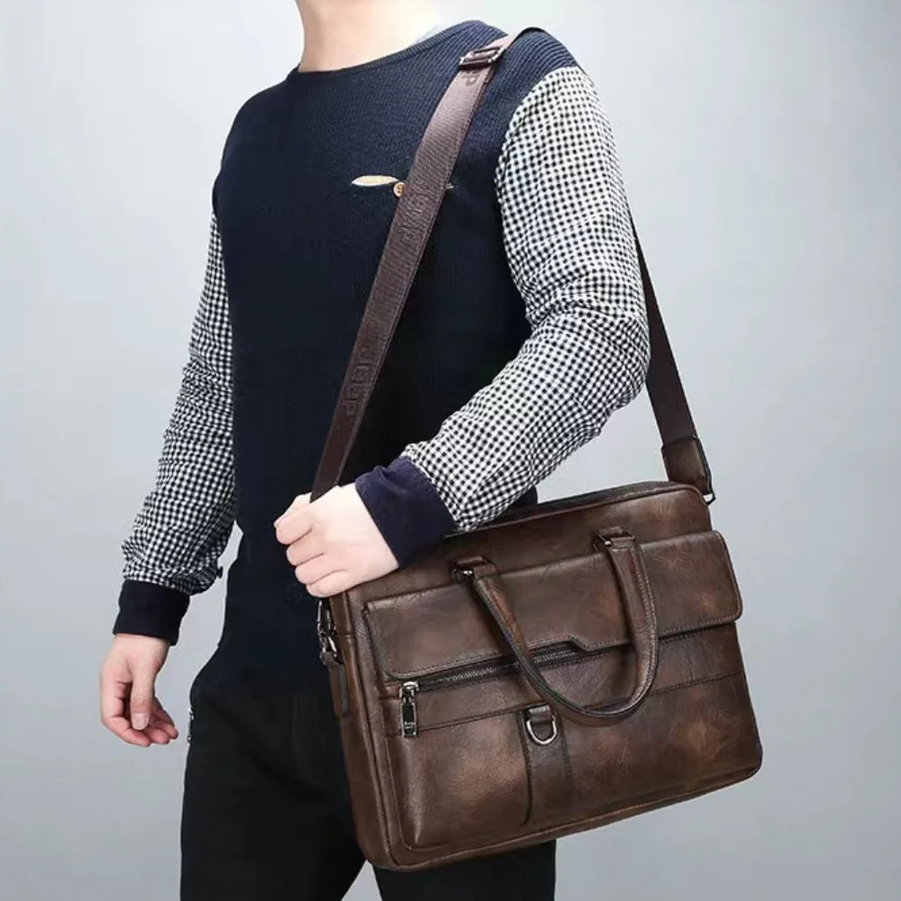 Retro Briefcase Bag For Men Business Shoulder Bag Crossbody Bag PU Leather Messenger Bag Man Office Handbag Laptop Bag Male Tote