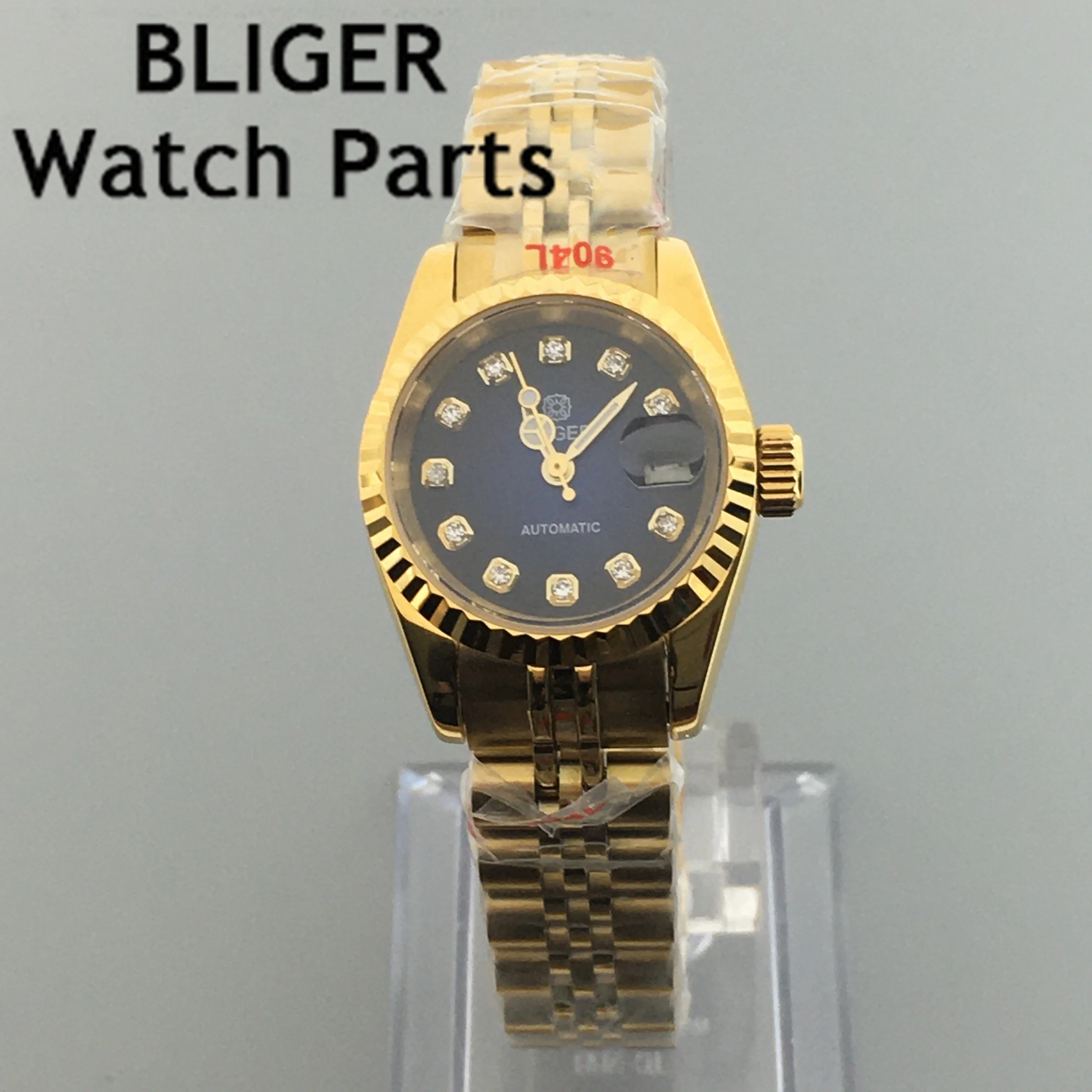 BLIGER 26mmNH05A Automatic Women Watch Sapphire Glass Two Tone Rose Gold Red Green Dial Diamond Index Steel Bracelet