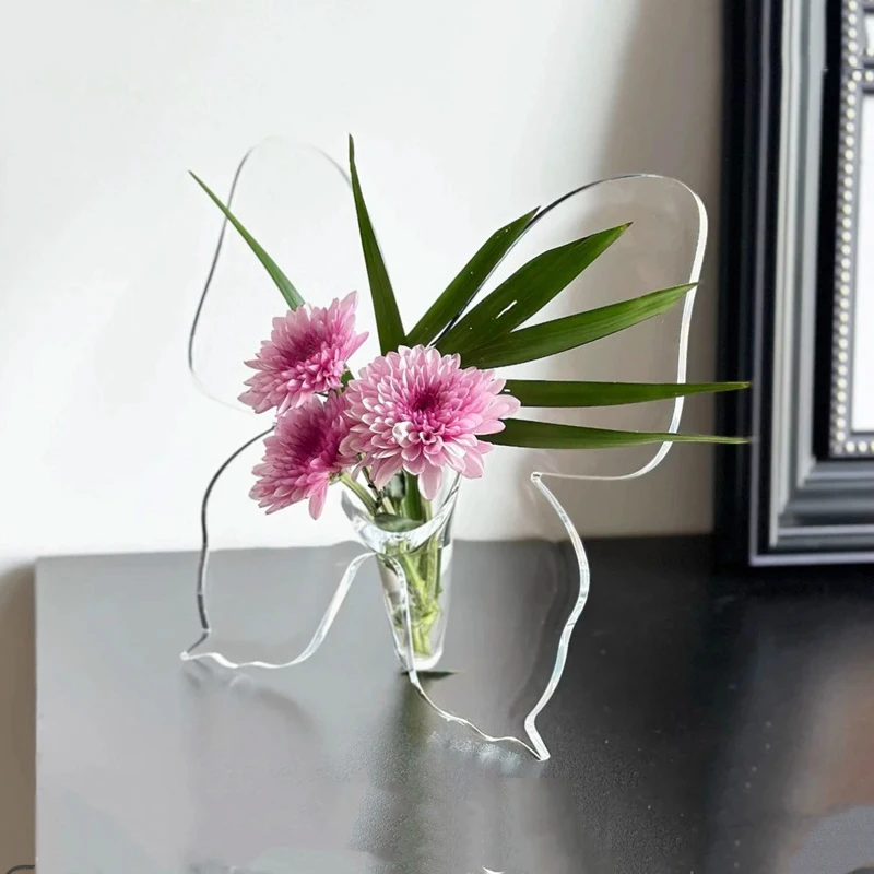 مزهرية زهرة أكريليك شفافة على شكل فراشة ملحقات تشكيلة زهور ثلاثية الأبعاد مزهرية على شكل فراشة لتزيين المنزل