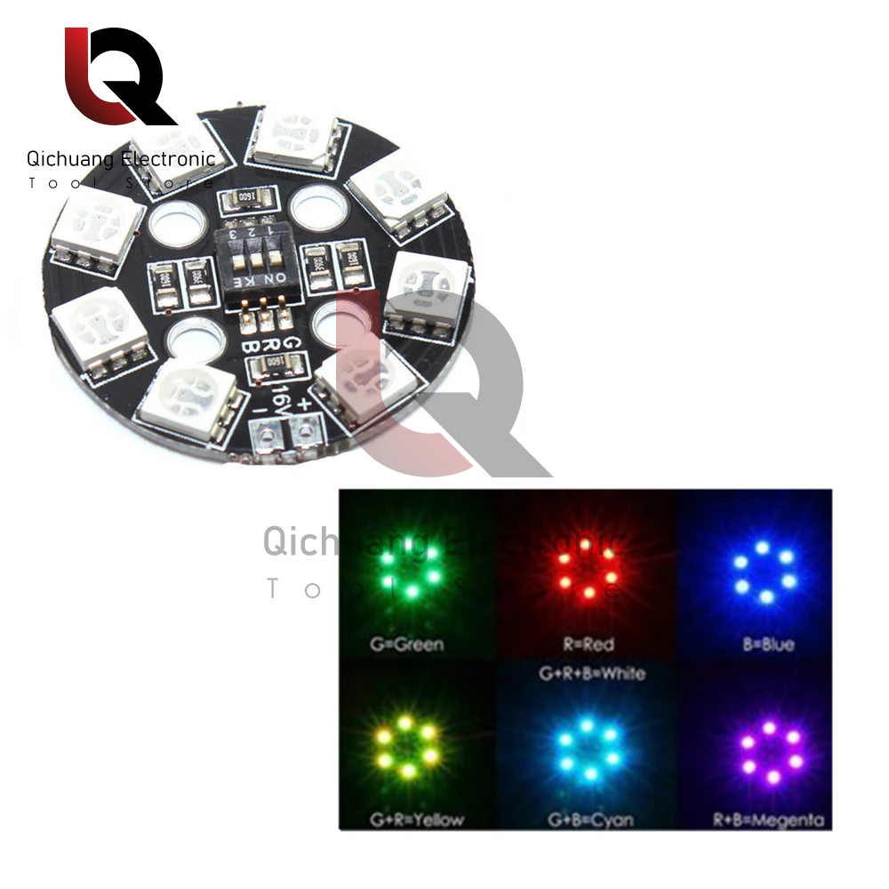 1ชิ้น8-bit RGB แผงไฟ LED โมดูลนำทาง X8-16V วงกลมสีดำ7สี