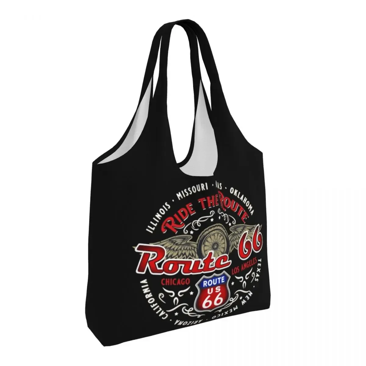 Fashion Read The Route 66 Motorcyle Bikers Shopping Tote Bag Recycling USA Highways Canvas Grocery Shoulder Shopper Bag Handbag