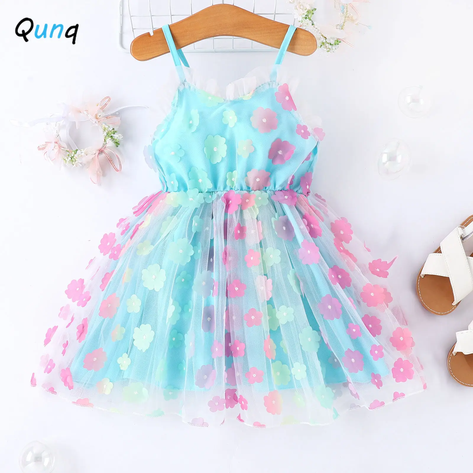 

Qunq 2023 Summer INS New Girls Floral Print Mesh Splice Dradient Sleeveless Sling Sweet Dress Casual Kids Clothes Age 3T-8T