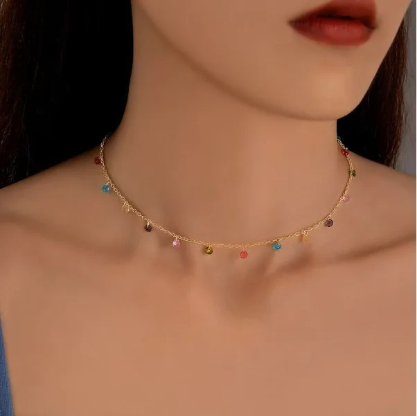 2026 Bohemia Retro Green Crystal Beaded Pendant Necklace for Women Charm Collarbone Chain Jewelry Holiday Beach Accessory Gift