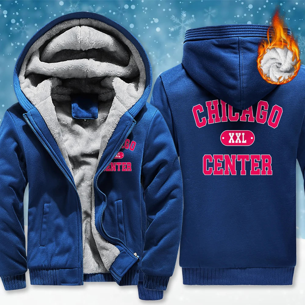

Chicago Center Red Letter Printing Men Zipper Coat Fashion Thicken Hoodies Fleece Sweatshirts Winter Casual Male Pocket Clothing
