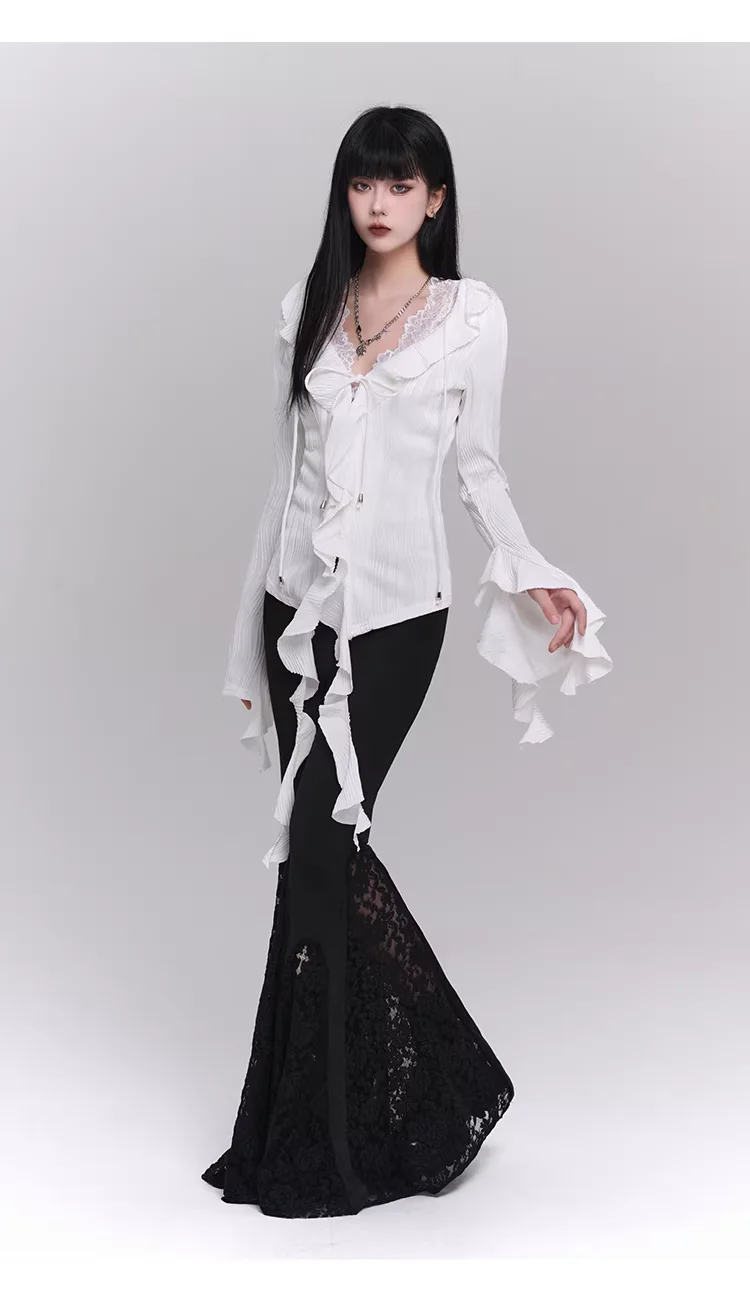 New Dark Gothic Girl Black High Waist Subculture Personality Flared Pants Fashion Versatility Retro Street Sexy Lace Trousers