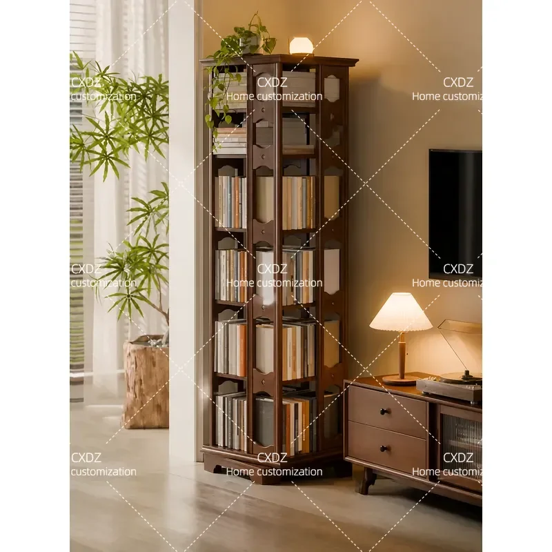 Solid Wood Floor to Ceiling Rotating Bookshelf Living Room Wall Mounted Simple Multi Layer Storage Rack Locker