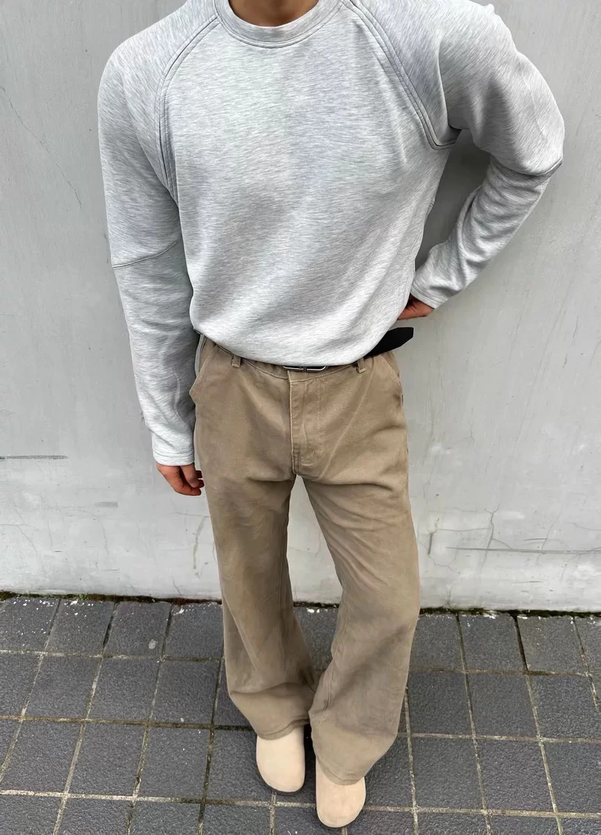 

American Sle Vintage Cleanfit oulder Structure round Ne Sweatirt Men's Loose Top Outerwear Pure Color Spring Season