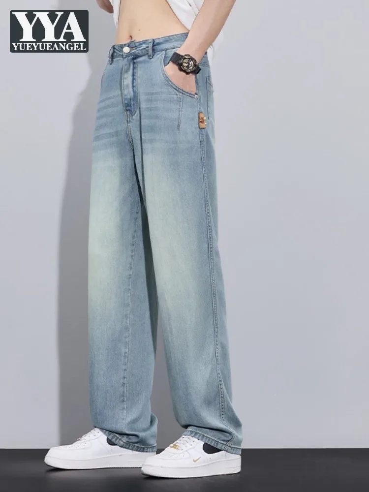 

New Style Summer Thin Youthful Mens Jeans Loose Straight- Leg Casual Pants Mid Waist Wide Leg Pant Pocket Full Length Trousers