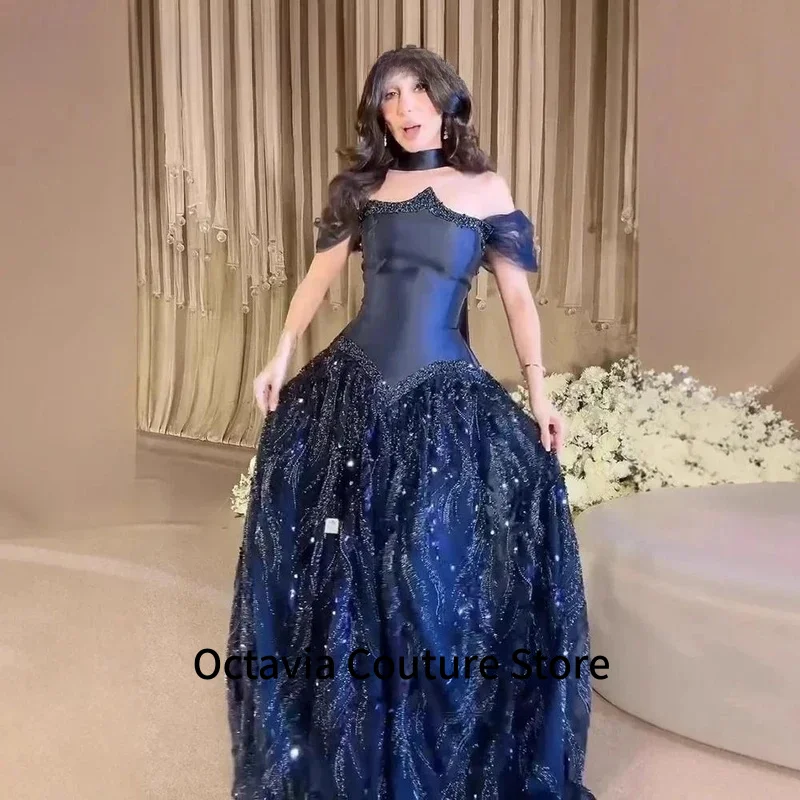 

Роскошное арабское темно-синее вечернее платье трапециевидной формы с бисером, 2025, женское свадебное платье с открытыми плечами, платье с цветочным принтом