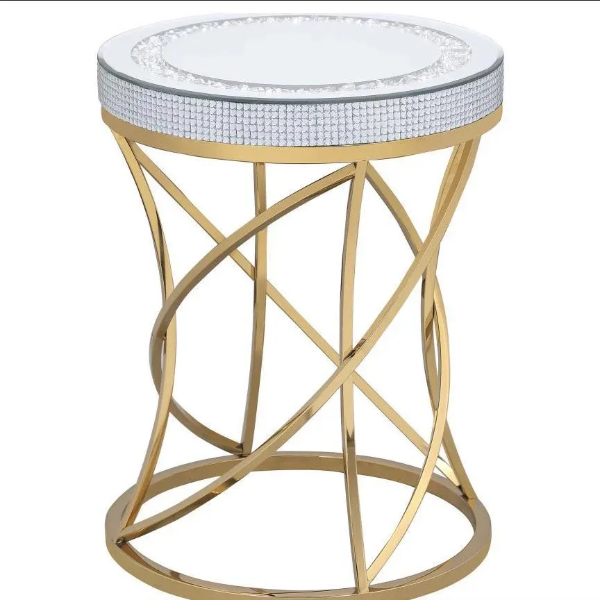 Luxury round mirror coffee table Diamond-encrusted glass gold stainless steel base Living room modern light luxury small