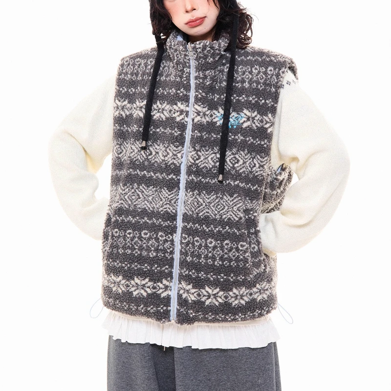 2025 Autumn Winter New Lamb Wool Women's Waistcoat Retro Design Sweet Cool Y2k Versatile Warm Sleeveless Vest Jackets Ladies