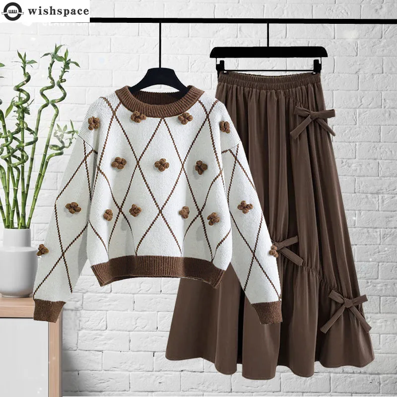 

Autumn Winter Suit Women 2022 New Korean Fashion Age Reducing Loose Blossom Sweater Slim Skirt Two Piece Set