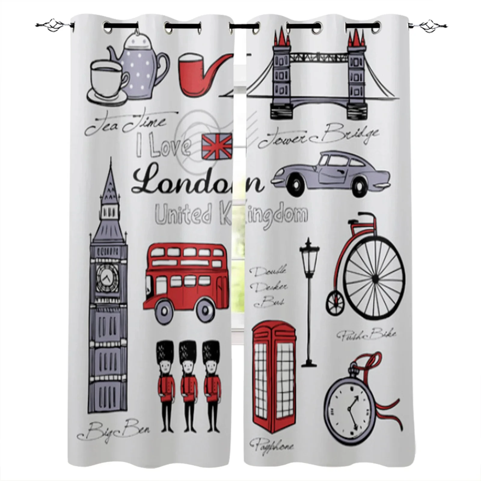 London Building Red Bus Bicycle Window Curtains for Living Room Home Decor Child Bedroom Living Room Kitchen Curtains Drapes