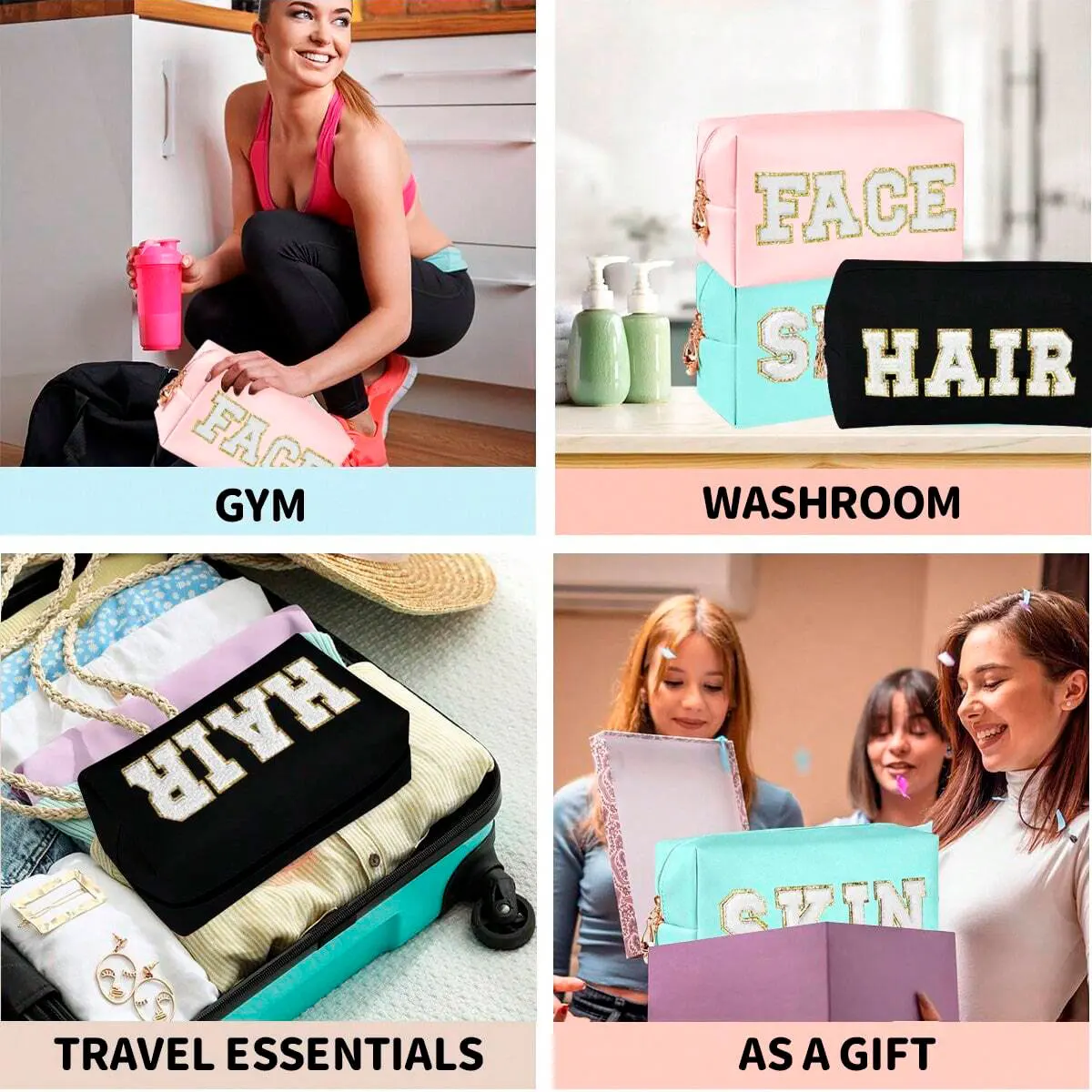 حقيبة مكياج بريبي للنساء - حقيبة أدوات الزينة المصنوعة من جلد البولي يوريثان المقاوم للماء مع حروف شانيل، منظم مستحضرات التجميل لأساسيات السفر/ليو