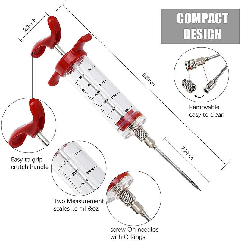 LMETJMA Meat Injector Syringe With 3 Marinade Injector Needles for BBQ Grill Turkey Injector Kit Marinade Flavor Injector JT104