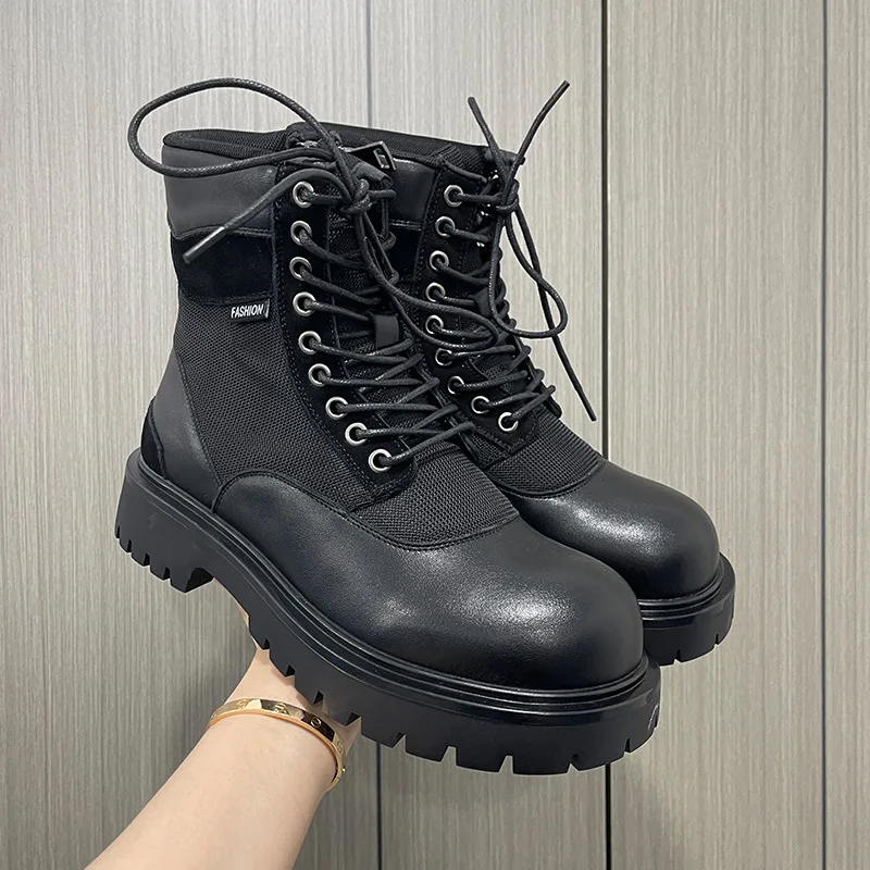 Botas de plataforma informales para fiesta y banquete de estilo inglés para hombre, zapatos de lona transpirables, botas gruesas de vaquero, bonitas botas de motocicleta para hombre