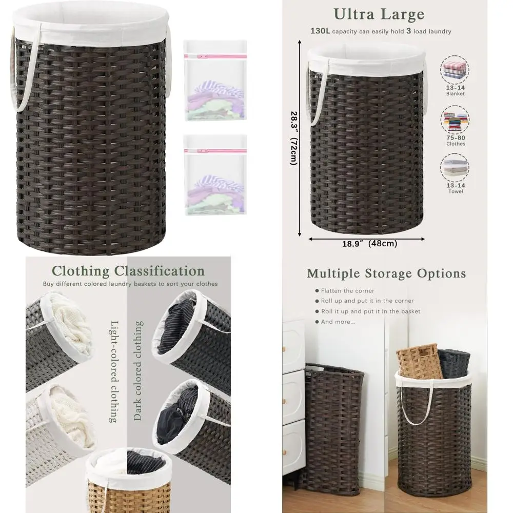 سلة غسيل كبيرة مستديرة من الخيزران مع بطانة قابلة للإزالة - سلة الروطان المنسوجة يدويًا لتخزين الغسيل المنزلي