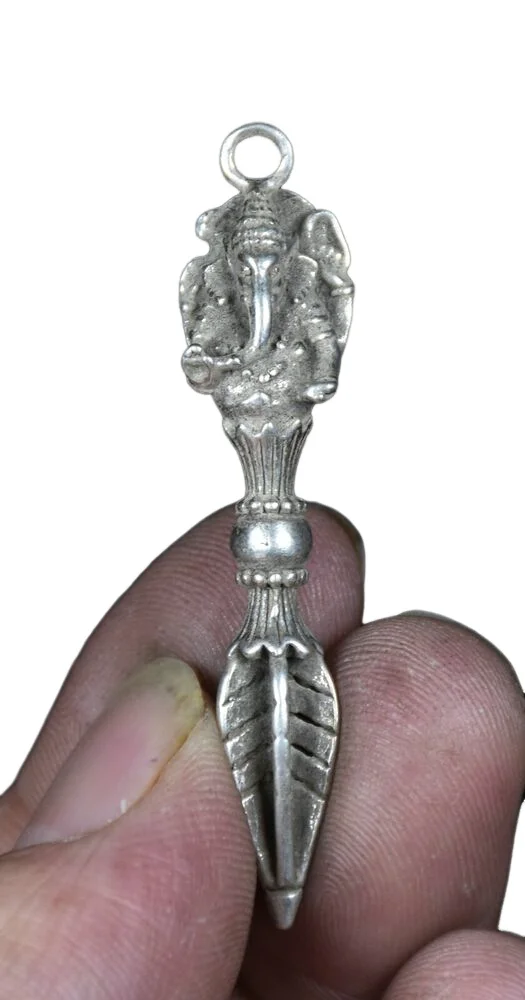 5.9CM Rare Old Chinese Miao Silver GANESH Buddha Phurba Dagger Holder Pendat